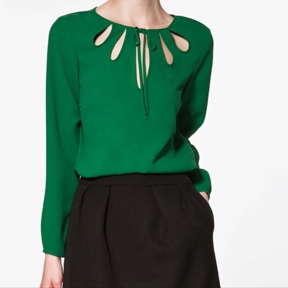 Zara Emerald Green Long Sleeve Blouse With Tie Neck Size Small
